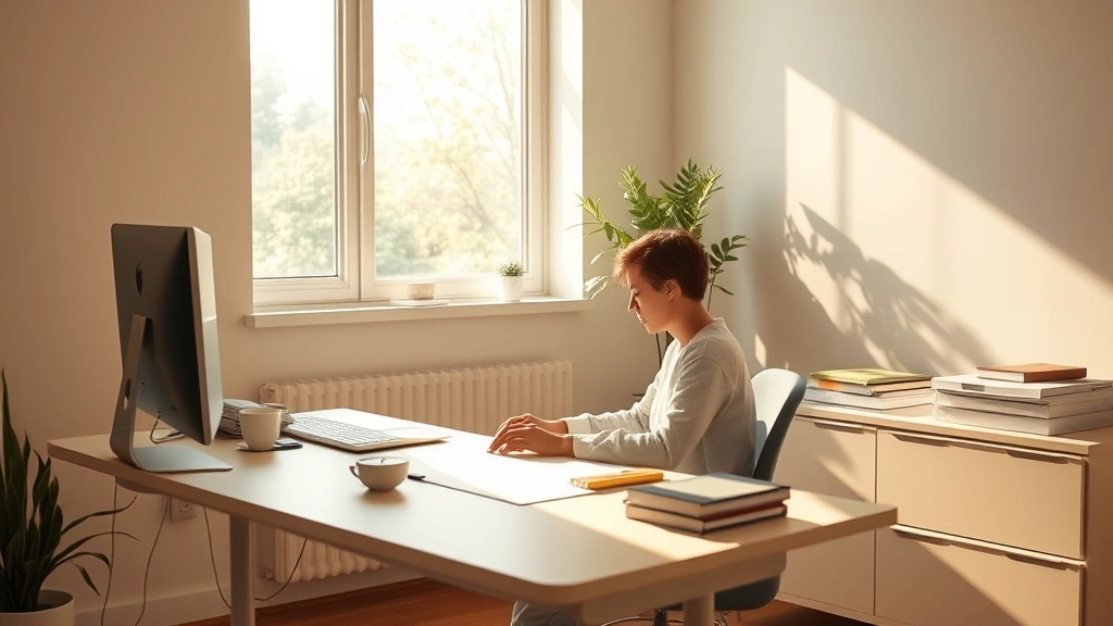 Serene professional workspace with natural light streaming through windows, minimalist desk setup, person in deep concentration, warm neutral tones, photorealistic morning lighting, no visible text or screens