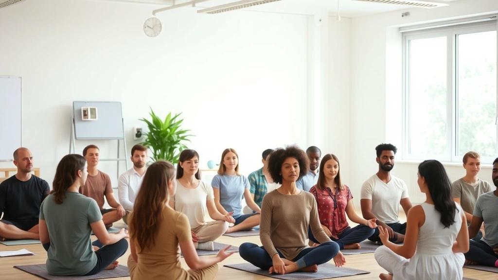 A diverse group of people in a calm clinical or community setting engaged in mindfulness meditation, sitting peacefully with relaxed postures, natural light, conveying mental wellness and stress reduction