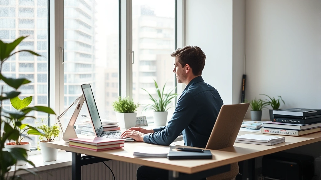 Someone working at a desk near a large window with natural light streaming in, organized workspace, plants visible, person appears concentrated and at ease, professional but calm environment