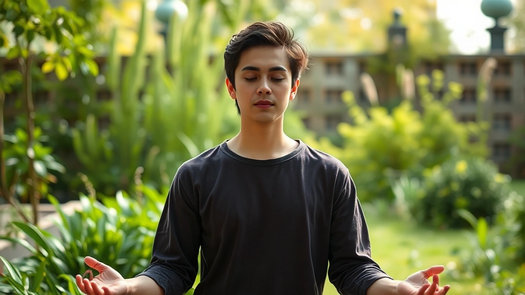 Person meditating outdoors in peaceful garden setting, calm expression, natural surroundings with green vegetation, soft natural lighting, photorealistic wellness imagery, no clocks or timers visible