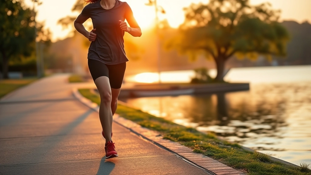 A person jogging or walking along a scenic waterfront path during golden hour, healthy posture, peaceful natural setting, trees and water visible, embodying wellness and mental clarity