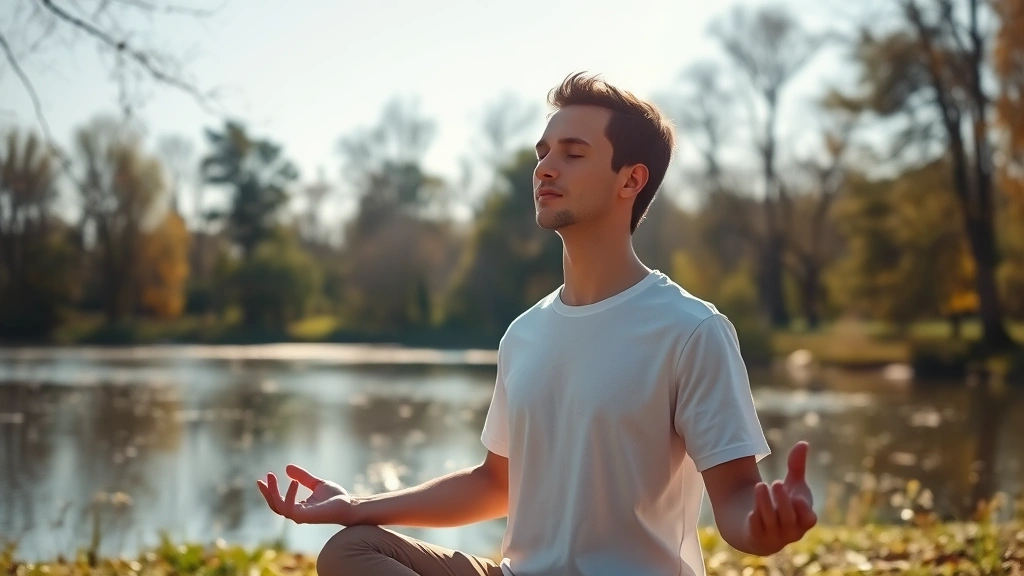 Serene person meditating outdoors in natural sunlight with trees and calm water in background, peaceful expression, morning light, photorealistic