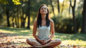 Person sitting cross-legged in peaceful natural setting with soft morning light filtering through trees, eyes closed in meditation, calm serene expression, natural outdoor environment, photorealistic