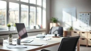 Professional workspace with minimal visual clutter, natural daylight streaming through windows, clean desk with single focused work item, blurred background suggesting calm productivity environment