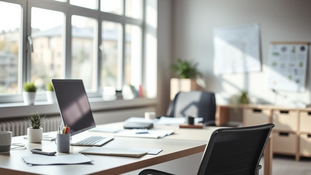 Professional workspace with minimal visual clutter, natural daylight streaming through windows, clean desk with single focused work item, blurred background suggesting calm productivity environment