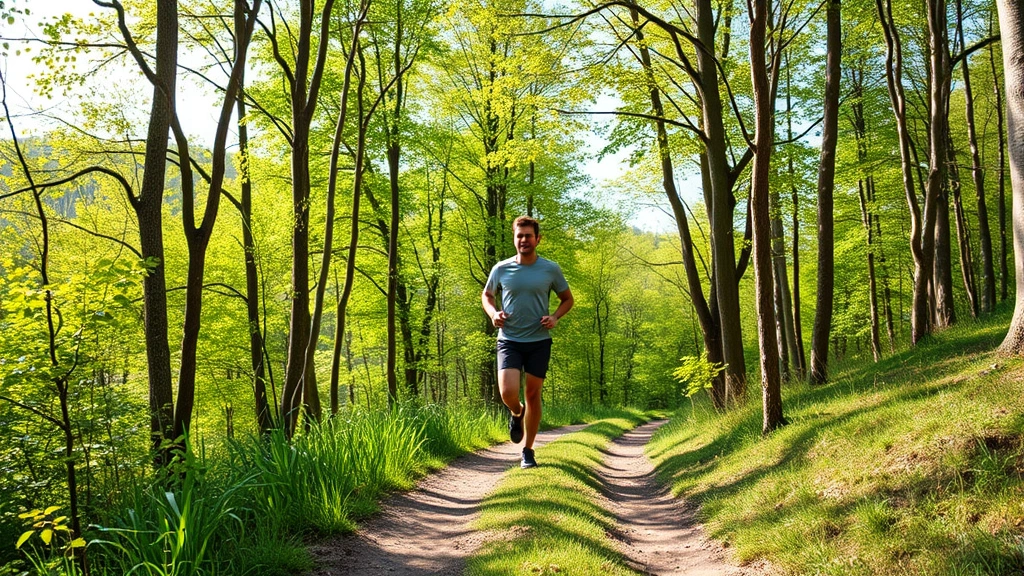 Person jogging on scenic trail through green forest, focused expression, natural movement, daylight, photorealistic landscape