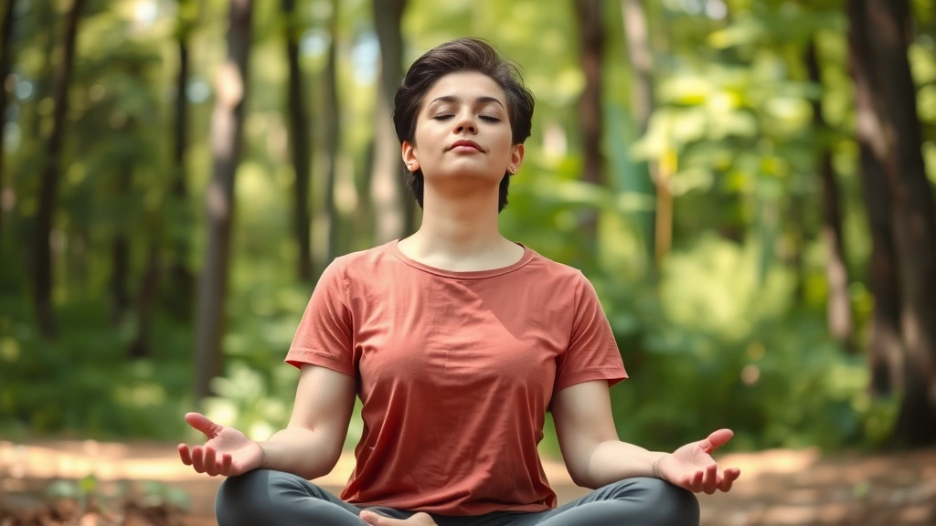 Person sitting outdoors in natural setting with eyes closed in meditation or mindful breathing, peaceful forest or garden background, demonstrating attention restoration and mental clarity