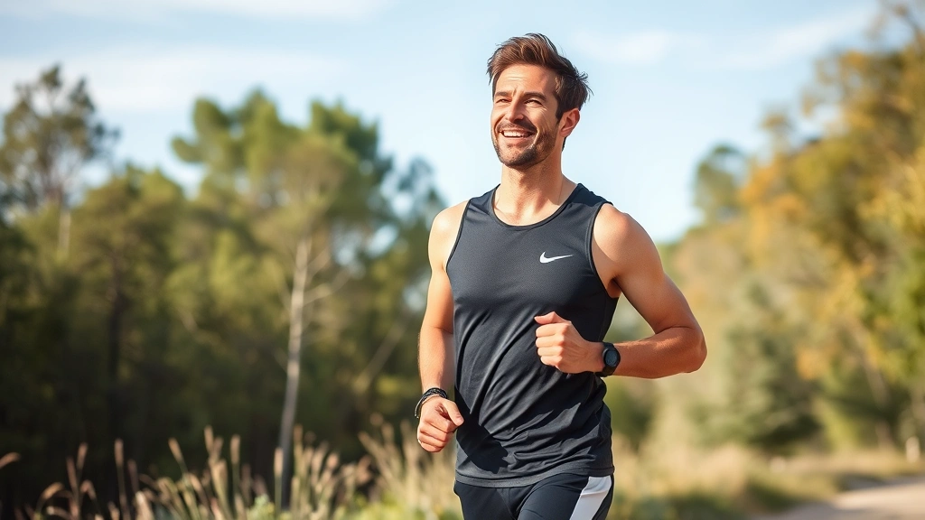 Individual during exercise or physical activity like running or yoga in natural environment, showing connection between physical wellness and cognitive function, healthy and energized expression