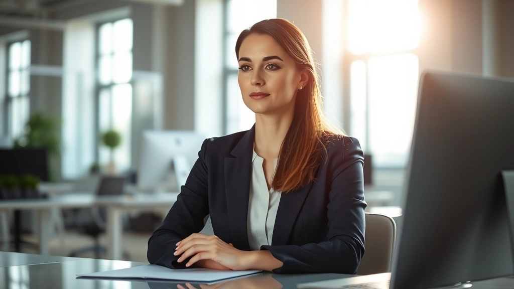 Serene woman in professional attire sitting at desk with soft natural light streaming through windows, hands folded calmly, peaceful expression of deep concentration, bright modern office workspace in background