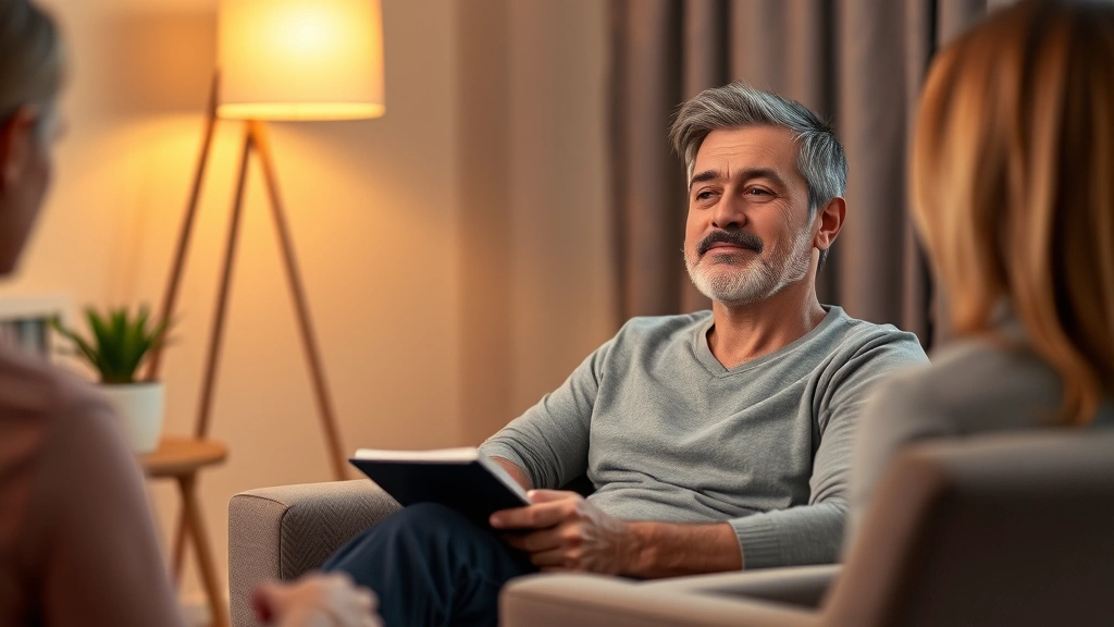 Adult sitting in comfortable chair during therapy session, warm ambient lighting, peaceful expression, notebook and thoughtful pose, suggesting breakthrough insight and mental clarity, neutral therapeutic environment