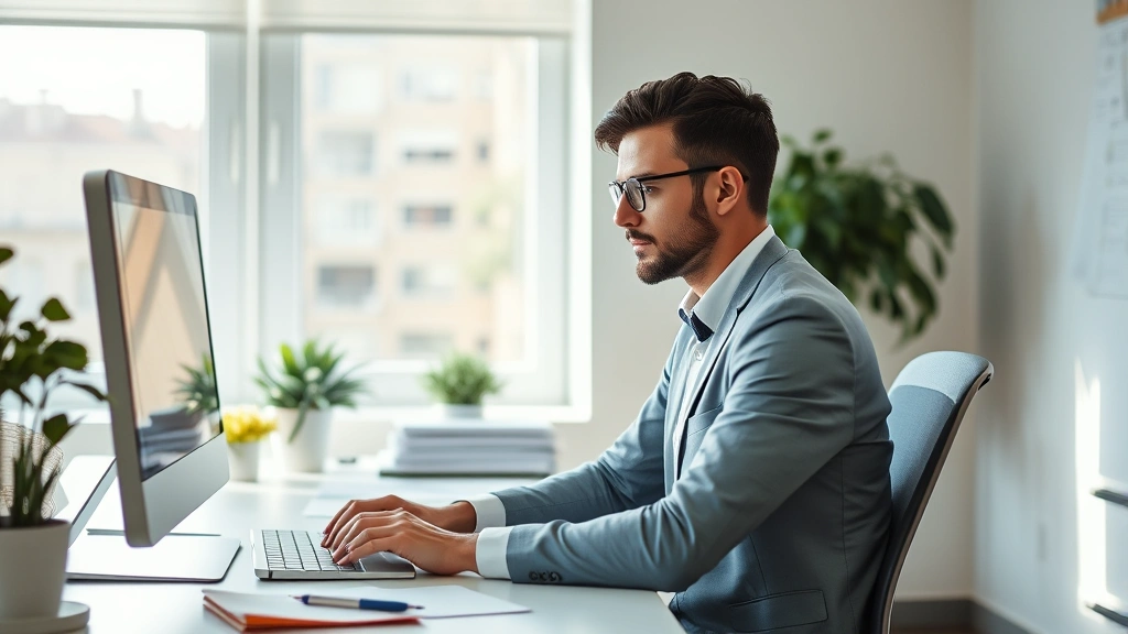 Professional working at organized desk with minimal distractions, bright natural light streaming through window, focused expression, calm workspace with plants and clean surfaces