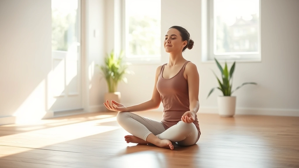 Person sitting in peaceful meditation posture on wooden floor in sunlit room, eyes gently closed, serene expression, morning light streaming through windows, minimalist background with plants