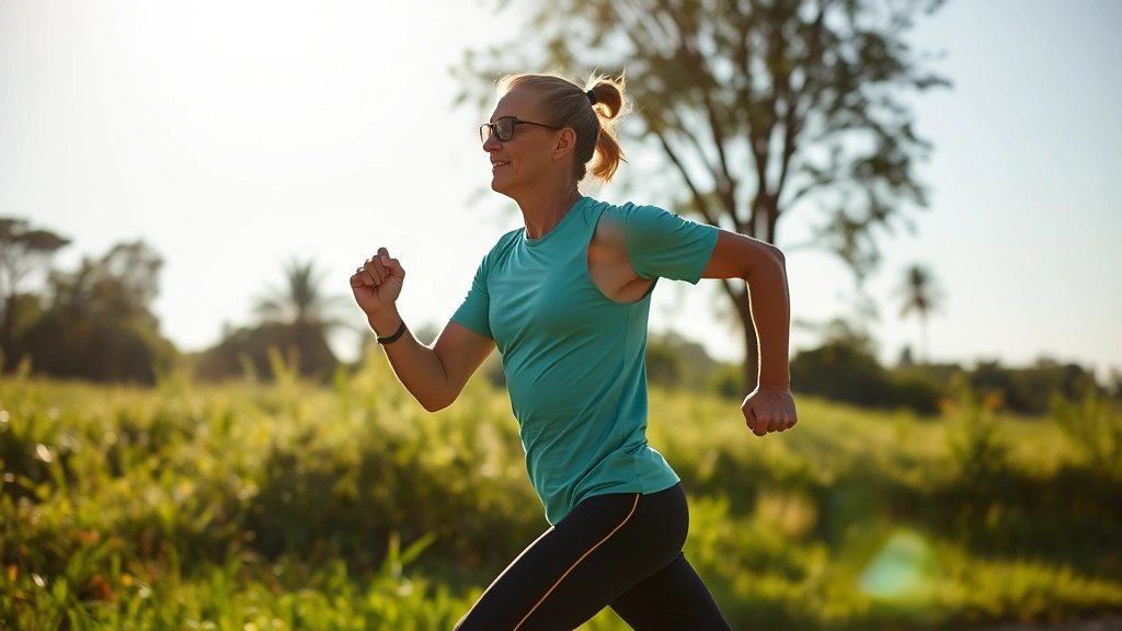 Person exercising outdoors in morning sunlight, jogging or stretching, energized posture, natural green environment, clear sky, representing cognitive performance enhancement through movement