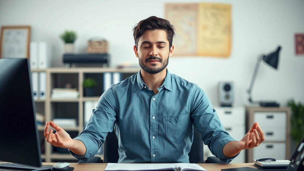 Mindful person meditating at desk, peaceful expression, organized workspace in background, soft lighting, representing meditation and attention control techniques for workplace focus