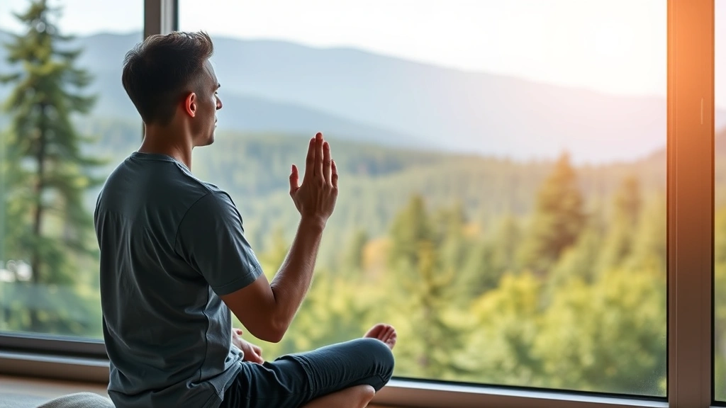 Adult in focused meditation position overlooking nature landscape, peaceful forest or mountain vista visible through window, embodying mental clarity and attentional presence