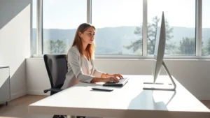 Professional woman sitting at a bright, minimalist desk facing large windows overlooking natural landscape, morning sunlight streaming in, hands poised over keyboard, calm focused expression, serene workspace