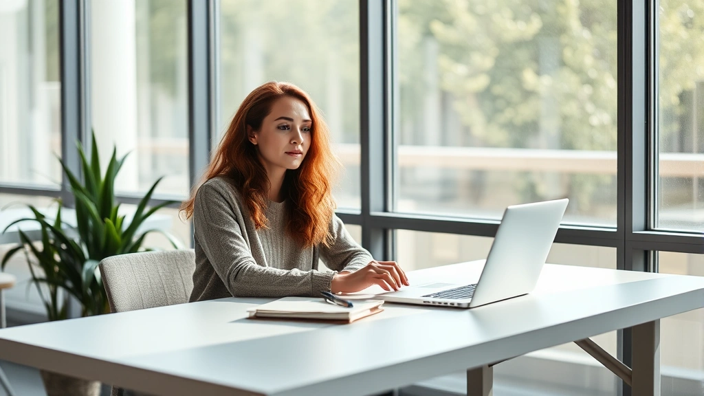 Person sitting at a minimalist desk by large windows with soft natural light, closed laptop and single notebook, serene focused expression, modern office space with plants