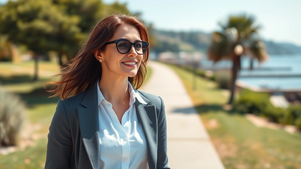 Professional woman in business casual attire taking a walking break outdoors on a sunny day, peaceful green environment, relaxed confident posture, coastal setting
