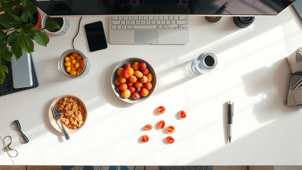 Organized workspace overhead view showing clean desk surface with water bottle, healthy snacks, natural light streaming in, minimal distractions visible, calm productive atmosphere