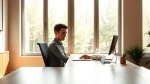 Person sitting at minimalist wooden desk by large window with natural sunlight, focused on work with calm expression, neutral warm lighting, no screen text visible, peaceful professional environment