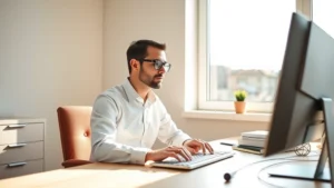 Professional person at clean minimalist desk with natural window light, focused expression, hands on keyboard, warm neutral tones, bright morning lighting, photorealistic, no visible text or clocks