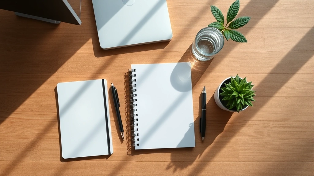 Top-down view of organized workspace with notebook, pen, water glass, and small plant, natural shadows from window, wooden desk surface, calm professional environment, photorealistic, no visible text