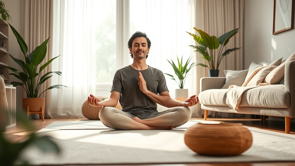 Person meditating in peaceful living room with soft natural light, cross-legged position, calm expression, plants and neutral decor visible, serene morning atmosphere, photorealistic, no text elements