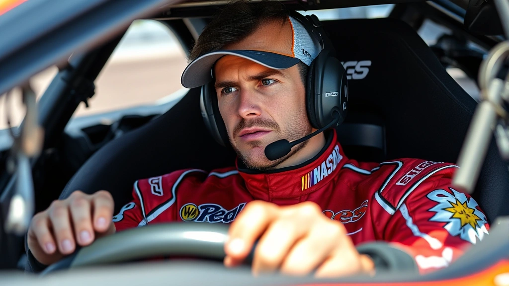 Professional NASCAR driver in racing suit sitting in cockpit, hands on steering wheel, intense focused expression, bright daylight, photorealistic detail, no text or visible race numbers