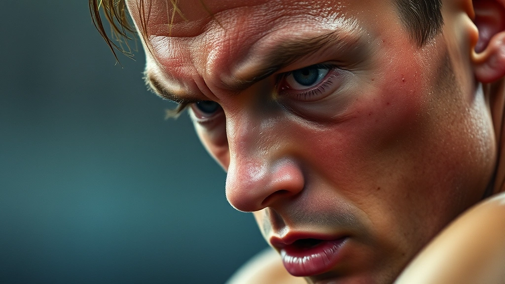 Close-up of focused athlete's face during intense concentration, determined expression, sweat visible, professional lighting, photorealistic, no text or identifying marks