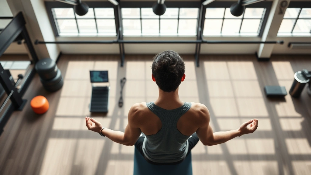 Overhead view of athlete performing meditation or breathing exercise in modern training facility, peaceful focused posture, natural lighting, photorealistic, no text or equipment labels visible