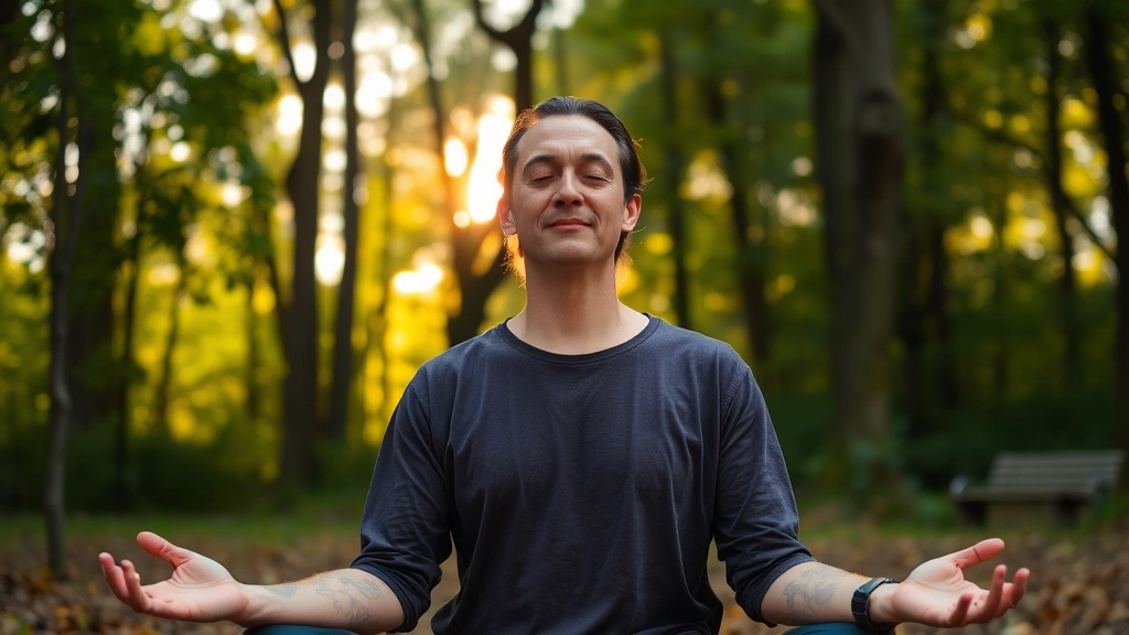 Person meditating outdoors in natural light, serene forest or garden setting, peaceful facial expression, early morning or sunset ambiance, no text or clocks visible