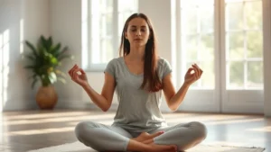 A serene person sitting cross-legged in a sunlit room with soft natural light streaming through large windows, demonstrating focused meditation posture with a calm, peaceful expression, hands resting gently on knees