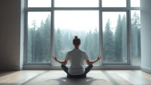 Person sitting in peaceful meditation pose by large window with natural light, serene forest landscape visible outside, calm focused expression, minimal modern room with soft textures