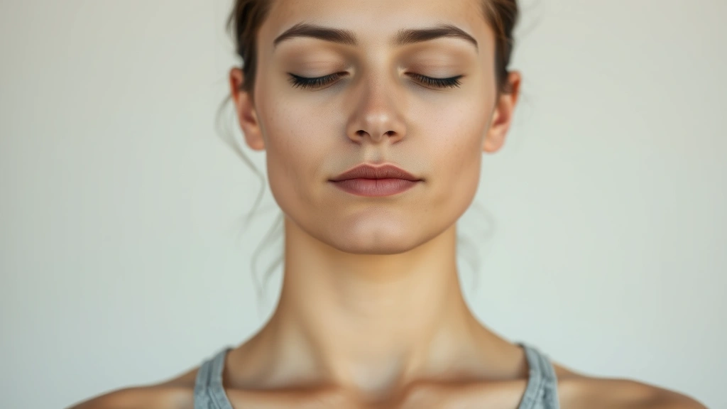 Close-up of someone in meditation pose with soft natural lighting, calm expression, neutral background, demonstrating mindfulness and concentration without any written elements