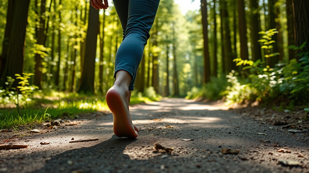 A person walking barefoot on a peaceful forest path with dappled sunlight, surrounded by tall trees and natural greenery, demonstrating walking meditation in nature with complete present-moment awareness