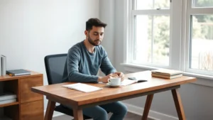 A person sitting at a minimalist wooden desk with a single cup of tea, bright natural window light streaming in, completely focused on work with a calm expression, no visible technology or clutter, serene productivity environment
