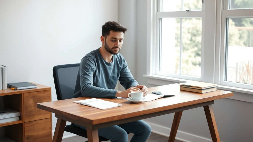 A person sitting at a minimalist wooden desk with a single cup of tea, bright natural window light streaming in, completely focused on work with a calm expression, no visible technology or clutter, serene productivity environment