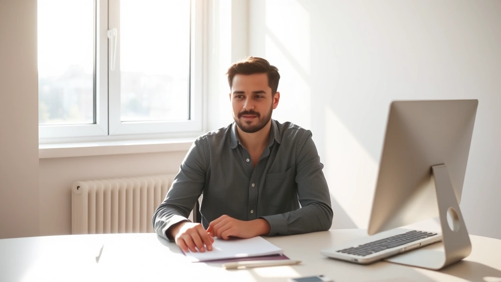 Person sitting at minimalist desk with natural sunlight streaming through window, focused on work with calm expression, clean workspace, professional lighting, no visible distractions or text