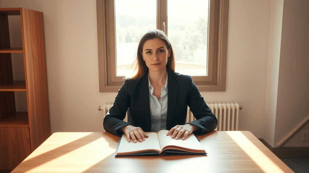 Person sitting at minimalist wooden desk with single notebook, focused expression, natural window light streaming across face, warm afternoon lighting, clean uncluttered workspace, professional attire, hands positioned on desk, peaceful concentration