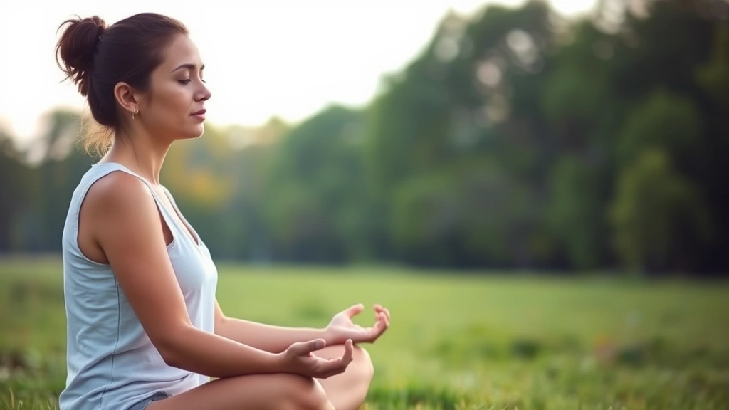 Person meditating outdoors in natural morning light, serene expression, sitting cross-legged on grass with trees in soft-focus background, peaceful and concentrated demeanor
