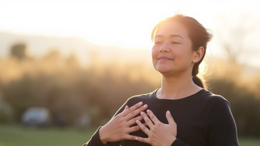 Someone doing a morning breathing exercise outdoors in natural sunlight, hands positioned on chest, peaceful facial expression, open outdoor setting with soft natural lighting, embodying mental clarity and calm focus