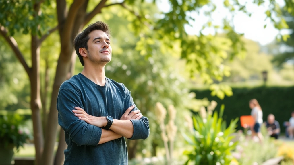 Individual taking a mindful break outdoors, standing near trees or garden, refreshed posture, natural daylight, peaceful environment, showing mental reset between focus sessions, no screens visible