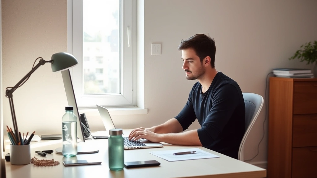 Individual at simple desk doing focused work, natural window light, minimal clutter, water bottle nearby, deep concentration expression, ergonomic posture