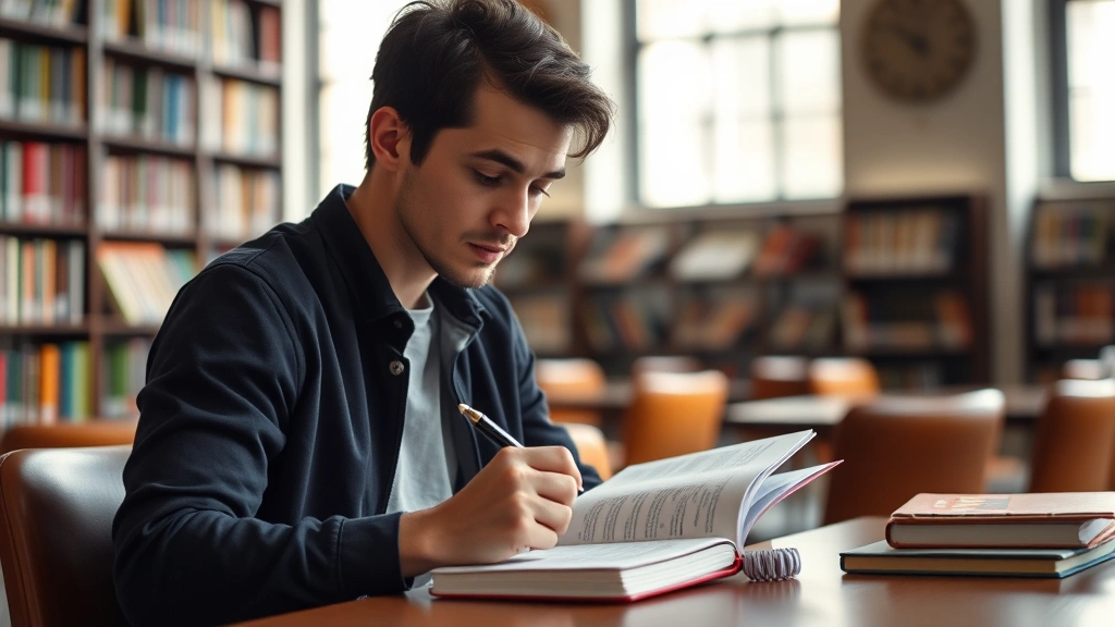 A person taking notes in a simple notebook with a pen, sitting in a quiet library or study space, surrounded by soft natural light, concentrated expression showing active learning, clean organized workspace with minimal distractions