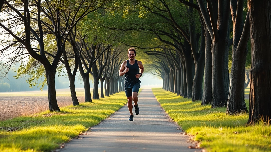 Person jogging on tree-lined path during morning, athletic movement, natural outdoor setting, energized body language, fresh air environment, no urban distractions visible