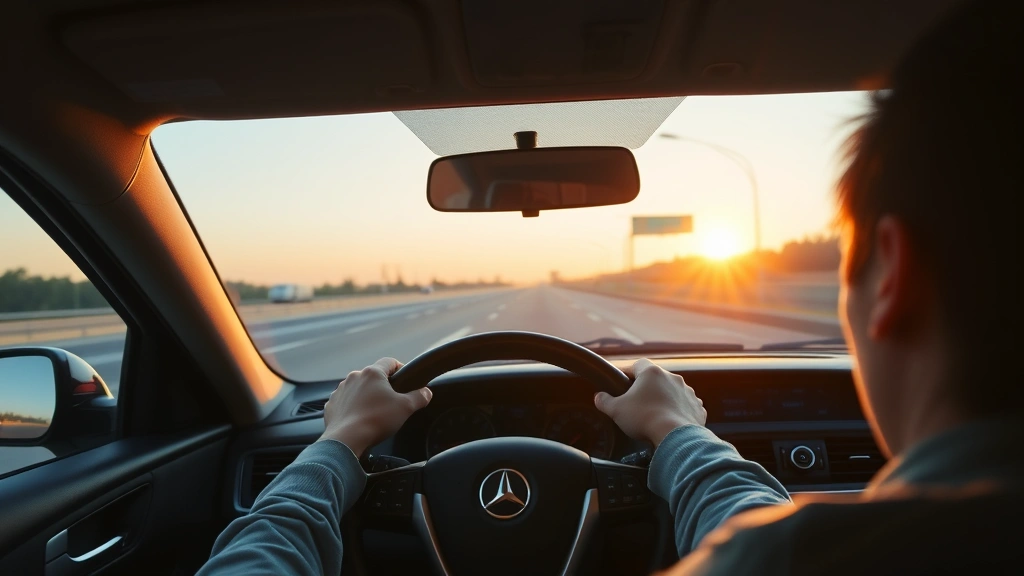 Serene highway driving scene at sunrise with a focused driver's hands on steering wheel, minimalist dashboard visible, peaceful road stretching ahead, morning light, empty road, calm atmosphere, photorealistic