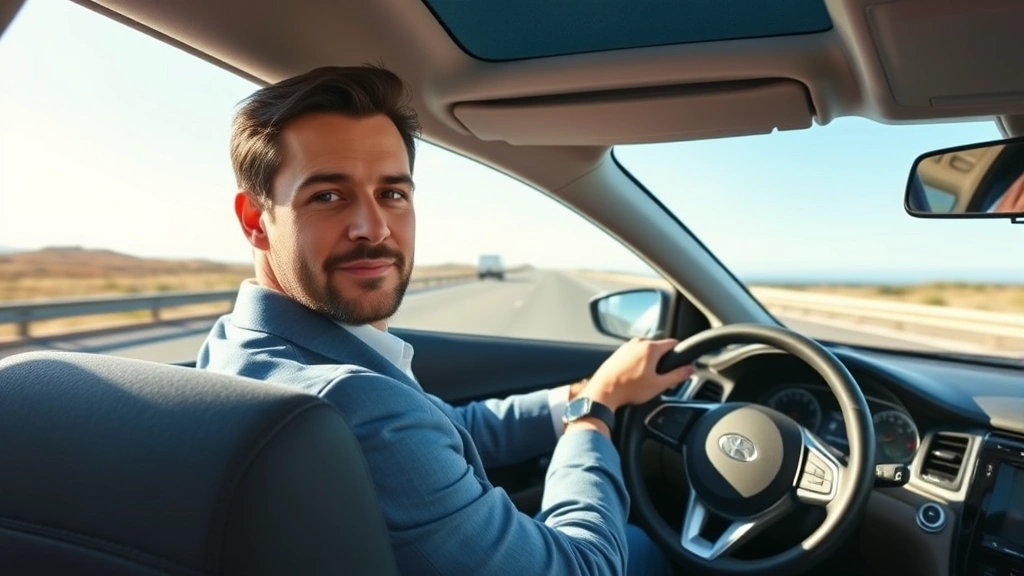 Professional driver in a modern sedan on a straight, open highway during daytime with clear blue sky, hands relaxed on steering wheel, showing calm concentration and peaceful expression