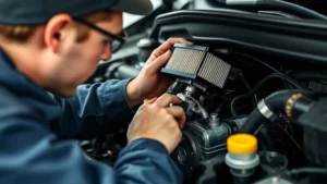 Professional mechanic inspecting car engine bay with focus on fuel injector and air filter components, natural workshop lighting, close-up detailed shot showing mechanical precision and maintenance work