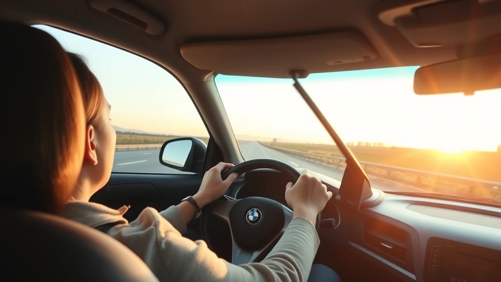 Person driving serene expression on peaceful highway at dawn, hands relaxed on steering wheel, sunlight through windshield, calm focused demeanor, minimalist interior visible