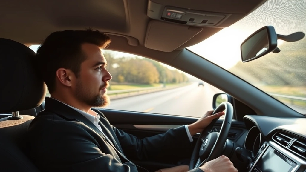 Professional focused driver in minimalist car interior, calm expression, morning commute, natural sunlight through windshield, clean dashboard, serene highway ahead